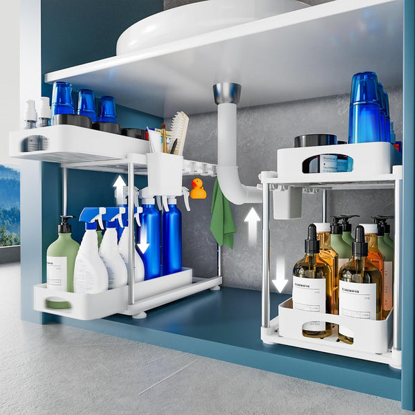VERIFOST under Sink Organizer (2 Pack), 2 Tier under Sink Organizer, Adjustable Height Cabinet Organizer and Storage, in Blue