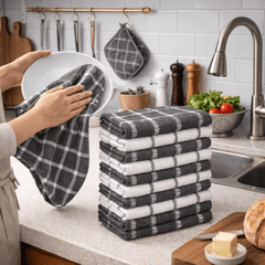 Pack of 10 & 5 Terry Toweling 100% Cotton Dish Cloths Catering Bar Towel Super Absorbent Lint Free Quick Dry Heavy Duty Soft Kitchen Tea Towels Dishcloths for Washing Up Scrubbing Machine Washable Extra Large 70 X 40 Cm (Black/ Blue/red Multicolor Check P