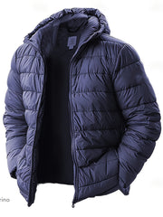 Men'S Outdoor Lightweight Thickened Hooded Windproof Quilted Solid Color Warm Coat