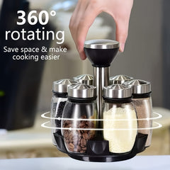 6-Pack Rotating Spice Rack Set | 360° Rotating Rack Tower with 6 Glass Spice Containers, Countertop Kitchen Cooking Organizer, Multipurpose Use