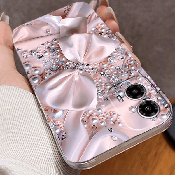 Phone Case - Mobile Cover: Decorative Phone Case with a Pink Satin Bow And Pearl Crystals for Iphone 17 Pro Max/Pro/Air, 16 Plus, 15, 14 Pro Max, 13, 12, 11. A Fantastic Present for Friends, Boys, Girls, Or Family. Anti-Scratch Design