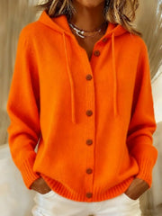 Drawstring Hooded Button Front Cardigan with Side Pockets