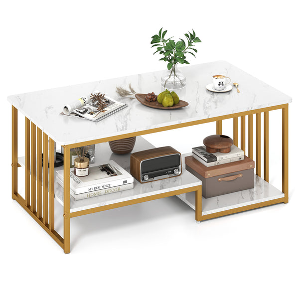 GOFLAME Faux Marble Coffee Table Rectangular 2-Tier Center Table w/ Shelf-White