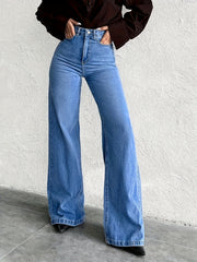 High-Waisted Mid-Blue Stretchy Denim Slightly Flared Pants That Enhance The Buttocks And Create a Effect in a European Style