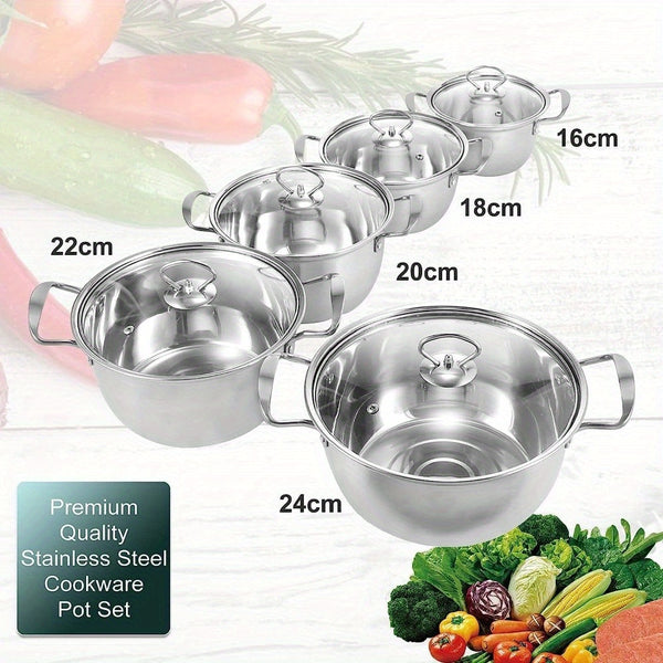 5pcs Stainless Steel Pot Professional Induction-Safe Stainless Steel Pot with Glass Lid Not-Sticky Hot Pot Double Ear Soup Pot for Most Hob Types