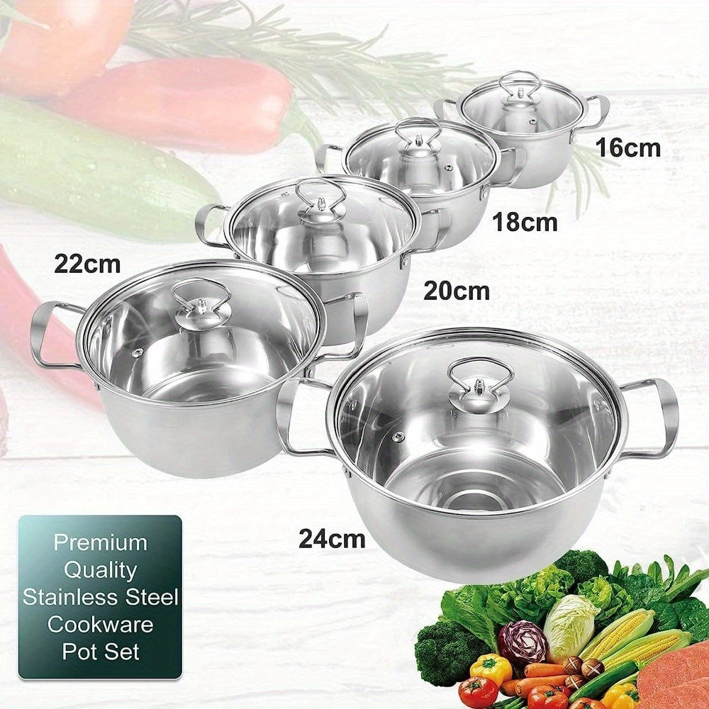 5pcs Stainless Steel Pot Professional Induction-Safe Stainless Steel Pot with Glass Lid Not-Sticky Hot Pot Double Ear Soup Pot for Most Hob Types