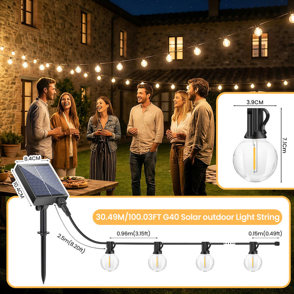 Dimmable Solar Outdoor String Lights - 100ft/60ft/50ft G40 Solar Powered Garden Lights, Remote 3 Timer 8 Modes Waterproof Outside Festoon Lights for Gardens Patios Fences Pergolas