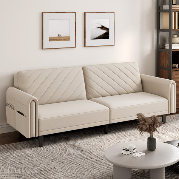 Costoffs Contemporary Sofa Bed Convertible Sofa Futon Couch Fabric 3-Seater Sofa Bed for Small Space/Apartments/Guest Rooms/Studios, Beige/Light Grey