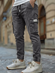 Men'S Slim Fit Multi-Pocket Jeans, Four Seasons Workwear Denim Trousers for Men, Washed Micro-Elastic Fabric, Elastic Waistband, Suitable for Leisure And Work