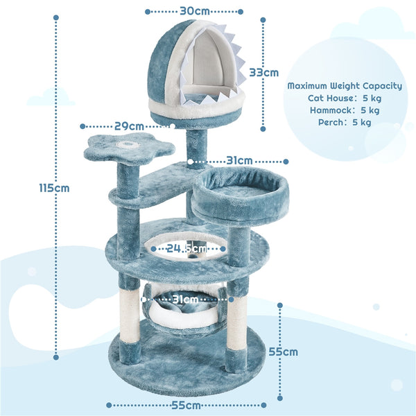 115cm Cat Tree, Tall Ocean-themed Cat Tree, Multi-Level Cat Climbing Tree, Plush Cat Tower with 3 Sisal Scratching Posts, Round Entrance, 3 Perches, Hammock, Cat Tower for Small- to Medium-sized Cats Blue / White
