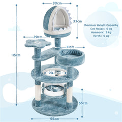 115cm Cat Tree, Tall Ocean-themed Cat Tree, Multi-Level Cat Climbing Tree, Plush Cat Tower with 3 Sisal Scratching Posts, Round Entrance, 3 Perches, Hammock, Cat Tower for Small- to Medium-sized Cats Blue / White