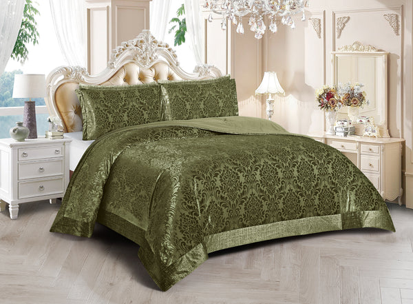 3 Piece Velvet Quilted Bedspread Set Jacquard Damask Bed Cover with Pillow Shams | Luxury Soft Polyester Bedspread for Double King Super King Beds | Modern Elegant Bedroom Bedding Set