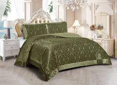 3 Piece Velvet Quilted Bedspread Set Jacquard Damask Bed Cover with Pillow Shams | Luxury Soft Polyester Bedspread for Double King Super King Beds | Modern Elegant Bedroom Bedding Set