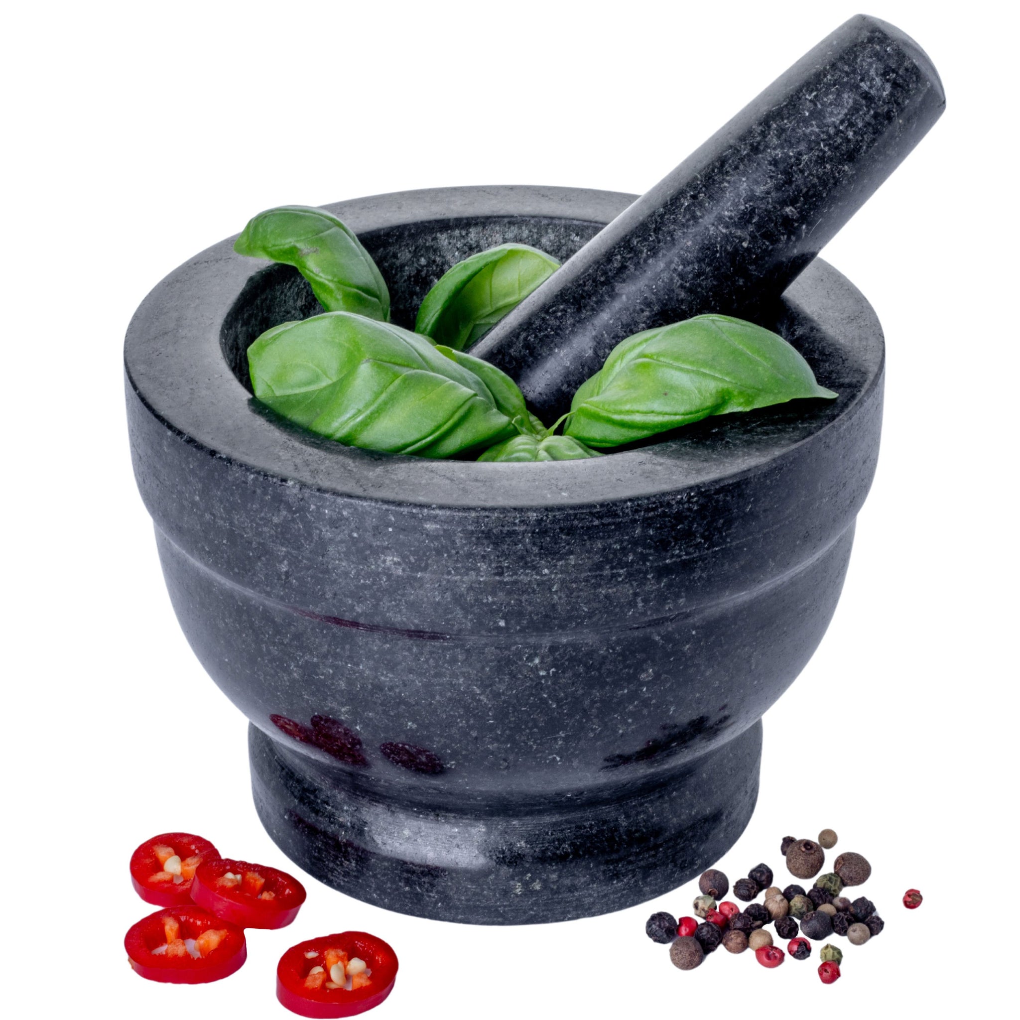 Homiu Pestle And Mortar Set | Granite Stone Large Bowl Grinder with Base | Premium Kitchenware Natural Stone, Solid and Durable, Spice Garlic Herb Crusher Seed Grinder| Large Black 14.5cm Diameter