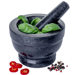 Homiu Pestle And Mortar Set | Granite Stone Large Bowl Grinder with Base | Premium Kitchenware Natural Stone, Solid and Durable, Spice Garlic Herb Crusher Seed Grinder| Large Black 14.5cm Diameter
