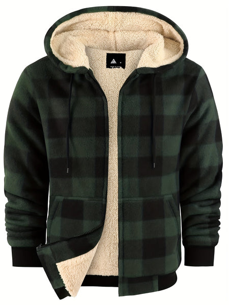 Men's Heavyweight -Lined Hooded Jacket - Full-Zip Plaid Thickened Shirt with Pockets and Adjustable Drawstring, Comfortable and Warm for Autumn and Winter