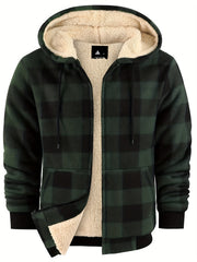 Men's Heavyweight -Lined Hooded Jacket - Full-Zip Plaid Thickened Shirt with Pockets and Adjustable Drawstring, Comfortable and Warm for Autumn and Winter