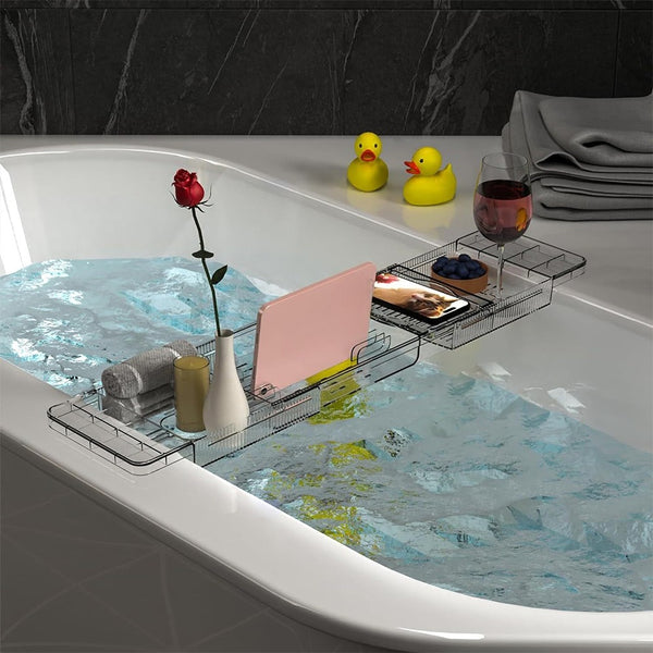 Bathroom Countertop Storage Rack, Practical Shelf, Expandable Bathtub Tray Adjustable Length Clear Bathtub Bridge Rack, Plastic Bath Shelf, Bathroom Accessories Storage, 56.5~80*18*4.5CM