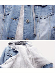 Women's denim hooded winter jacket with pockets - Warm panel design, detachable hood, casual autumn/ winter jacket, comfortable for outdoor wear, Women's winter denim, Cold Weather Wear, Seasonal Fashion, Retro Style, Quality Stitching, Casual Attire