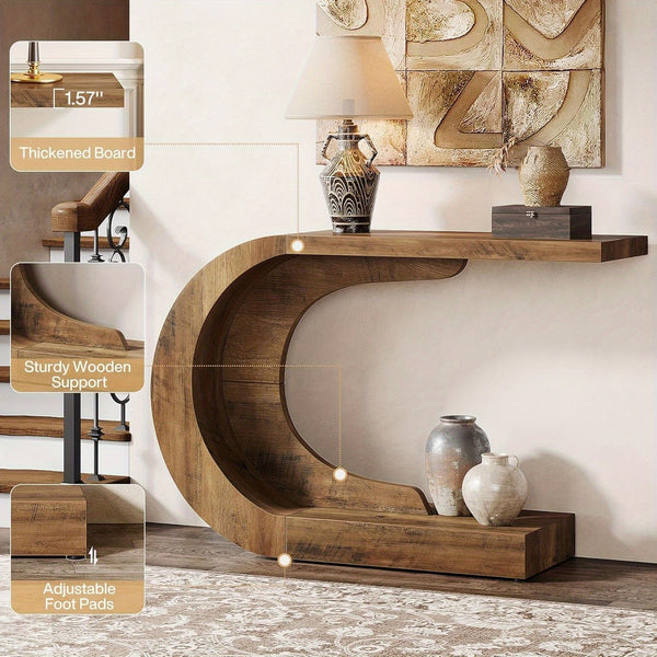 Mid-Century Modern C-Shaped Console Table 109.98 cm - Slim Engineered Wood Entryway Accent Table with Brown Finish, Easy Assembly for Living Room, Hallway, Foyer & Entryway, Console Table for Living Room, Hallway Furniture, Sturdy Furniture Construction