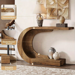 Mid-Century Modern C-Shaped Console Table 109.98 cm - Slim Engineered Wood Entryway Accent Table with Brown Finish, Easy Assembly for Living Room, Hallway, Foyer & Entryway, Console Table for Living Room, Hallway Furniture, Sturdy Furniture Construction