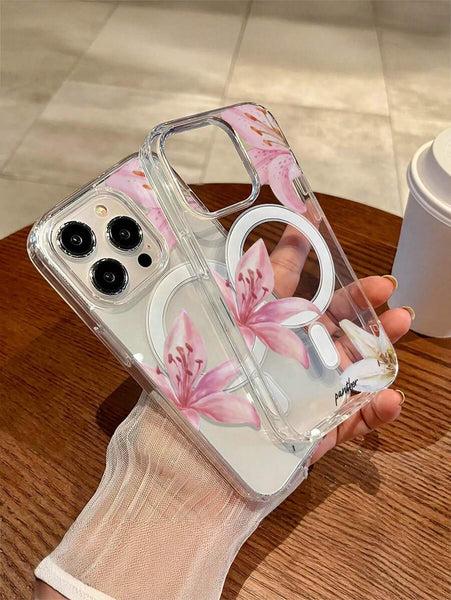 Phone case: 1pc Transparent Wireless Magnetic Lily Flower Design Phone Case, Soft+ Hard Material, Suitable as a Holiday Gift Compatible with iPhone 15 16 Pro/Pro Max/14 15 16 Plus, Anti-Fingerprints and Scratch-Resistant, Shockproof Anti-Drop