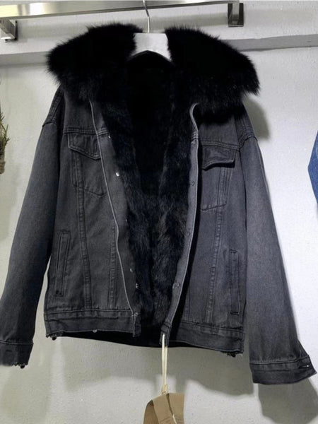 2025 Autumn Winter Women's Denim Jacket - Knee-Length Design, Puffy Collar, Loose Fit, Thick & Warm, Windproof | Sizes S to XL Available