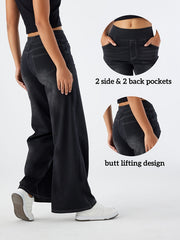 Women'S High-Waist Stretch Denim Wide-Leg Pants with Multiple Pockets, Distressed Vintage Casual Denim Long Pants