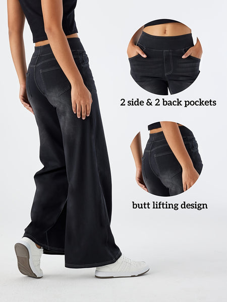 Women'S High-Waist Stretch Denim Wide-Leg Pants with Multiple Pockets, Distressed Vintage Casual Denim Long Pants