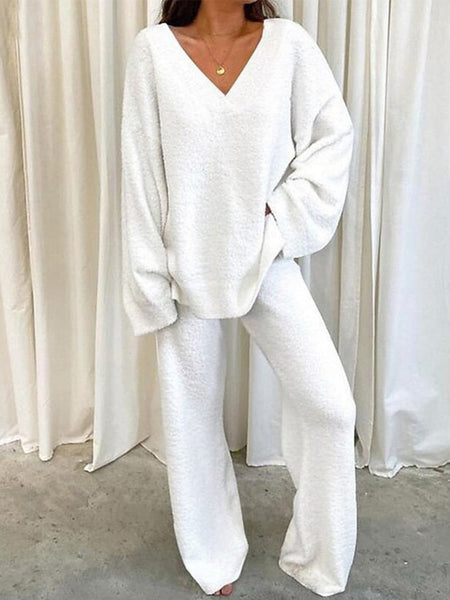 Women'S Winter Cozy Solid Color V-Neck 2pcs Casual Set - Soft Warm Outfits for Home Relaxation, Weekend Streaming & Cozy Friend Gatherings, Lounge Set, Casual Wear, Relaxed Fit, Vneck Design, Breathable Material, Comfortable Fabric, Twopiece Outfit, Women