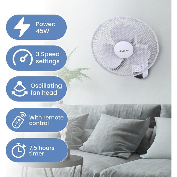Schallen White 16 Inch Wall Mounted Fan 40cm Oscillating Cooling Fan with Remote Control, 3 Speed Settings, Timer Function, Adjustable Tilt Air Circulator Wall Fan for Bedroom, Kitchen, Office, Garage, Home Cooling Fan UK Plug
