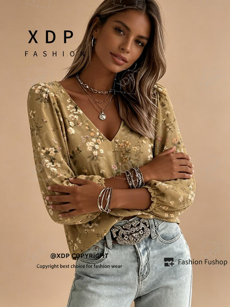 2D Flat Print Retro Western Style Shirt| V-neck Women's Long-sleeved Top with Colorful Small Floral Print, Bohemian Style Lantern Sleeve Design, Machine Washable, Suitable for Casual Attire and Vacations, 2D Flat
