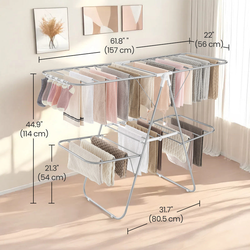 Clothes Drying Rack, Foldable 2-Level Laundry Drying Rack, with Height-Adjustable Wings, 33 Drying Rails, Sock Clips, Silver and White