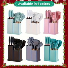 23pcs Silicone Kitchenware And Kitchen Knife Set | Heat Resistant Silicone Cutlery with Wooden Handle | Chef Knife | Non-Stick Friendly Tool | Easy to Cook And Clean | Convenient to Carry | Suitable for School, Home, Outdoor Use | Mother'S Day
