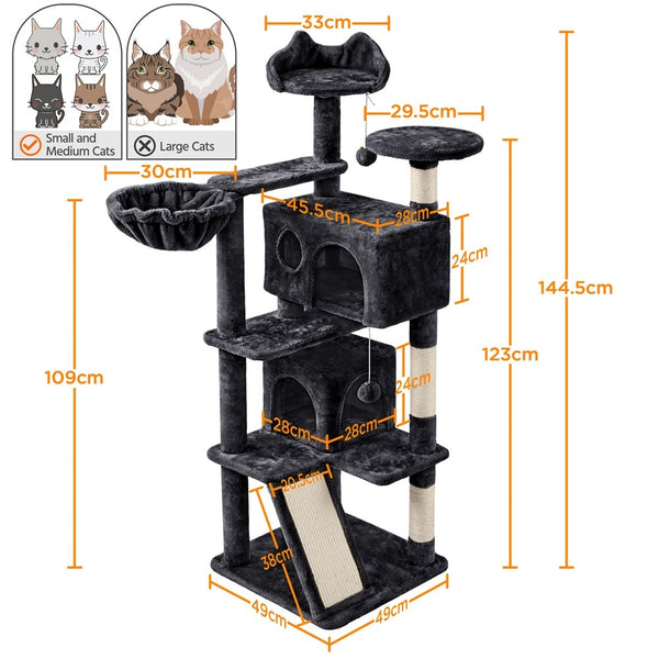 Costoffs Cat Tree, Cat Tree Tower, 145cm Multi-Level Cat Tree Tower with 2 Condos, Dangling Balls, Ladder, Sisal Scratching Posts, Round Platform, Cosy & Stable Indoor Cat Kitten Furniture, Activity Centre, Scratching Tree