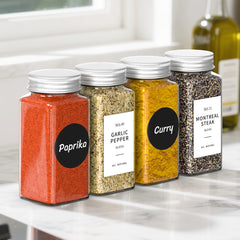 Vinsani 25pcs Glass Spice Jars Set 4oz – Airtight Herb & Spice Storage Bottles with Writable Labels, Dual Shaker Lids & Funnel – Square Empty Jars for Kitchen Cupboard Pantry Organiser