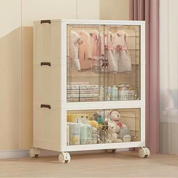 Modern Home Bedroom Armoires, Plastic Installation-Free Multipurpose Locker with Pulleys, Foldable Clothes Storage Cabinet for Living Room Bedroom or Cloakroom, Cream White