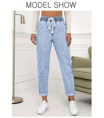 Ladies' 2026 New Elastic Waist Drawstring Slim-Fit Nine-Point Jeans, Acid-Washed Light Blue Rolled Hem Straight-Leg Denim Pants, Elegant Women'S Clothing, Tapered Pants Suitable for All Seasons, Pocketed Mom Jeans