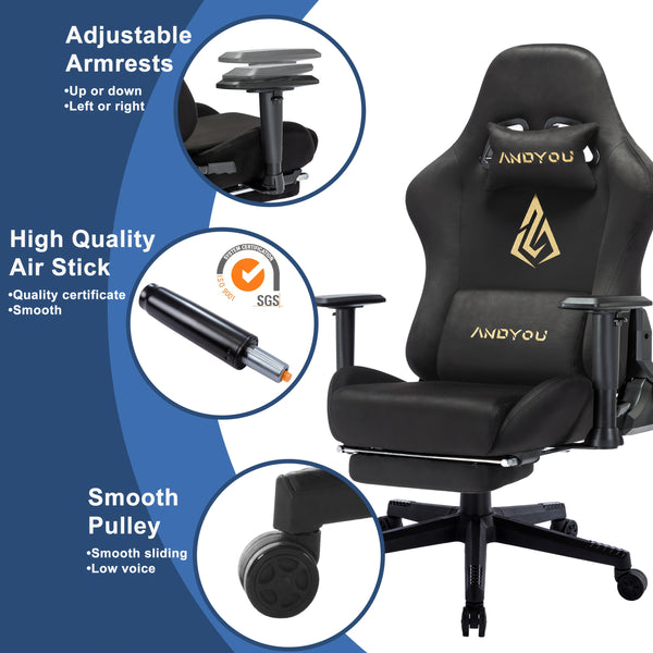ANDYOU Gaming Chair, Comfortable Office Chair, Premium Fabric Soft As Faux Fur. Ergonomic PC Chair, Adjustable Swivel Work Chairs with Footrest