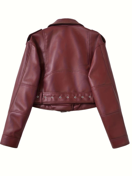 Women'S PU Motorcycle Jacket with Full-Zip Front Closure, Asymmetrical Zipper & Belted Waist - All-Season Casual Biker Jacket, Regular Fit Long Sleeve, Full-Length Zipper & Buckle Closure, White/Black Color Options for Everyday & Motorcycle Riding - Durab