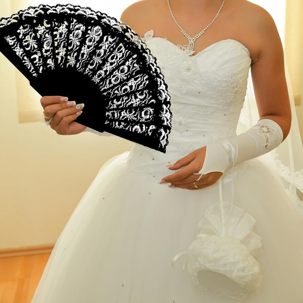 Black Lace Spanish Fan for Women, One Size, Foldable Lace Fan, Hand Held Fan for Wedding Party, Fancy Dress Costume Accessory