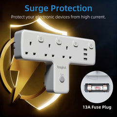 UK Plug Extension Socket with 3 USB Ports & 3 AC Outlets, Surge Protection, 180° Rotating T-Shaped Design, 3250W Power, LED Light Switch for Home Office, Electronic Device Charging | Surge Protection Feature