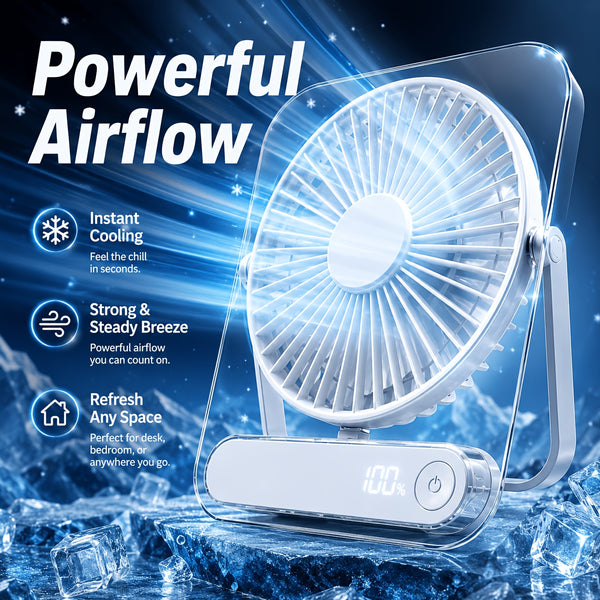 Portable USB Rechargeable Desk Fan with 5000mAh Battery - Ultra-Quiet 5-Speed Adjustable 180° Foldable Design, Digital Power Display, Acrylic Material for Home Office Travel, Versatile Cooling Device, Lightweight Cooling Fan-Gift