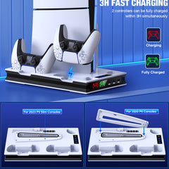 Compatible for PS5/PS5 Slim/PS5 Pro Cooling Stand with Charging Station, 3-Speed Quiet Cooling Fan, 4-Port USB-C Charger & Headphone Hook - for PS5 Console (Disc & Digital)