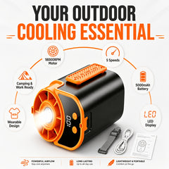 Neck-hanging Portable Waist Fan, Featuring An 18000RPM Powerful Brushless Motor, 5 Adjustable Wind Speedsand A 5000mAh High-capacity Long-lasting Battery. Equipped with An LED Power Indicator, It Is Suitable for Outdoor Work, Camping
