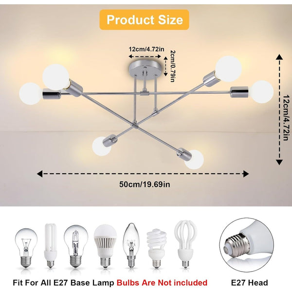 6-Light Modern Gold Sputnik Chandelier, Industrial Semi Flush Mount Ceiling Light Fixture, E27 Hardwired Metal Lamp for Living Room Dining Room