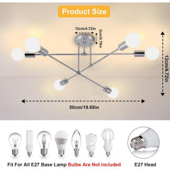 6-Light Modern Gold Sputnik Chandelier, Industrial Semi Flush Mount Ceiling Light Fixture, E27 Hardwired Metal Lamp for Living Room Dining Room