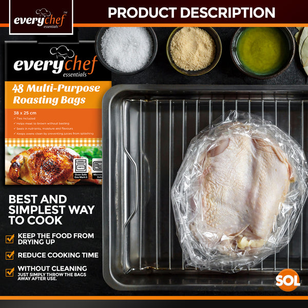 48 Pack Oven Roasting Bags with Ties | 38 x 25cm Heat-Resistant Cooking Bags | Food Safe Oven Bags for Chicken, Turkey, Meat, Fish & Vegetables | Multipurpose Baking, Steaming, Roasting & Grilling Bags for Meal Prep