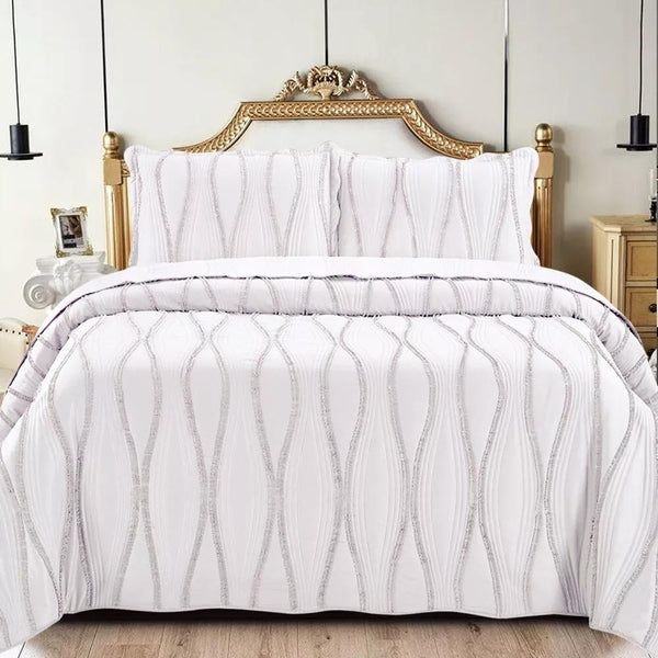 Luxury 3-Piece Embossed Quilted Bedspread Set – Super Soft All-Season Microfiber Comforter with Matching Pillow Shams, Elegant Wave Design, Bed Throw Single Double King Size, Lightweight Yet Warm Modern Bedding Set, Ideal for Modern or Traditional Homes