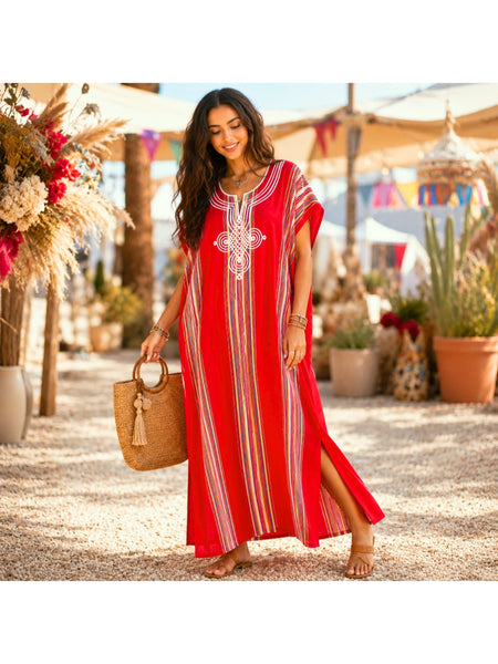 Women Boho Kaftan Dress Long Embroidered Beach Cover Up Lightweight Summer Kaftan Maxi Dress Loose Fit Swimwear Cover Up Holiday Beachwear Gandouri